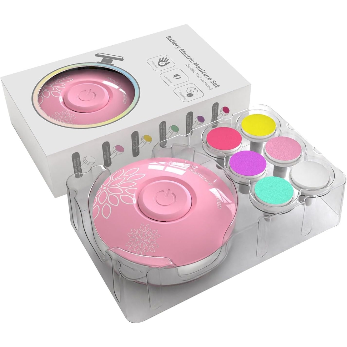 Set Pila Electrica cu Baterie, Flippy, pentru Copii si Bebelusi, din ABS, 6 Accesorii, Model cu Flori, 6.5 x 1.8 cm, Roz