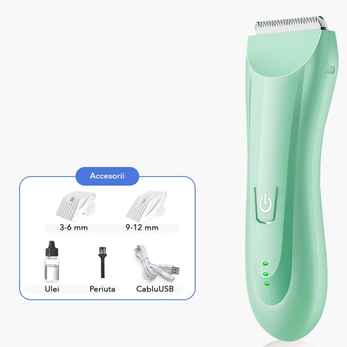 Masina De Tuns Bebelusi si Copii, Flippy, Lame Cermice si Inox, Fara Fir, Functie Anti Taiere, Silentios, 50 W, Rezistent la Apa, 2 Accesorii, Incarcator USB, Verde deschis