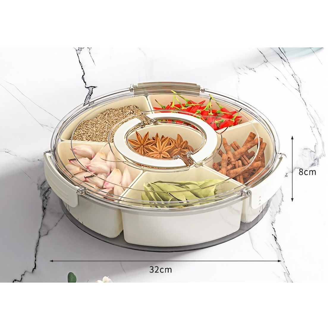 Cutie de Depozitare pentru Alimente, Flippy, cu 6 Compartimente, pentru Condimente, Fructe, Legume, cu Manere de Prindere, Rotativa 360 de Grade, Inchidere Ermetica, 32x8 cm, Alba