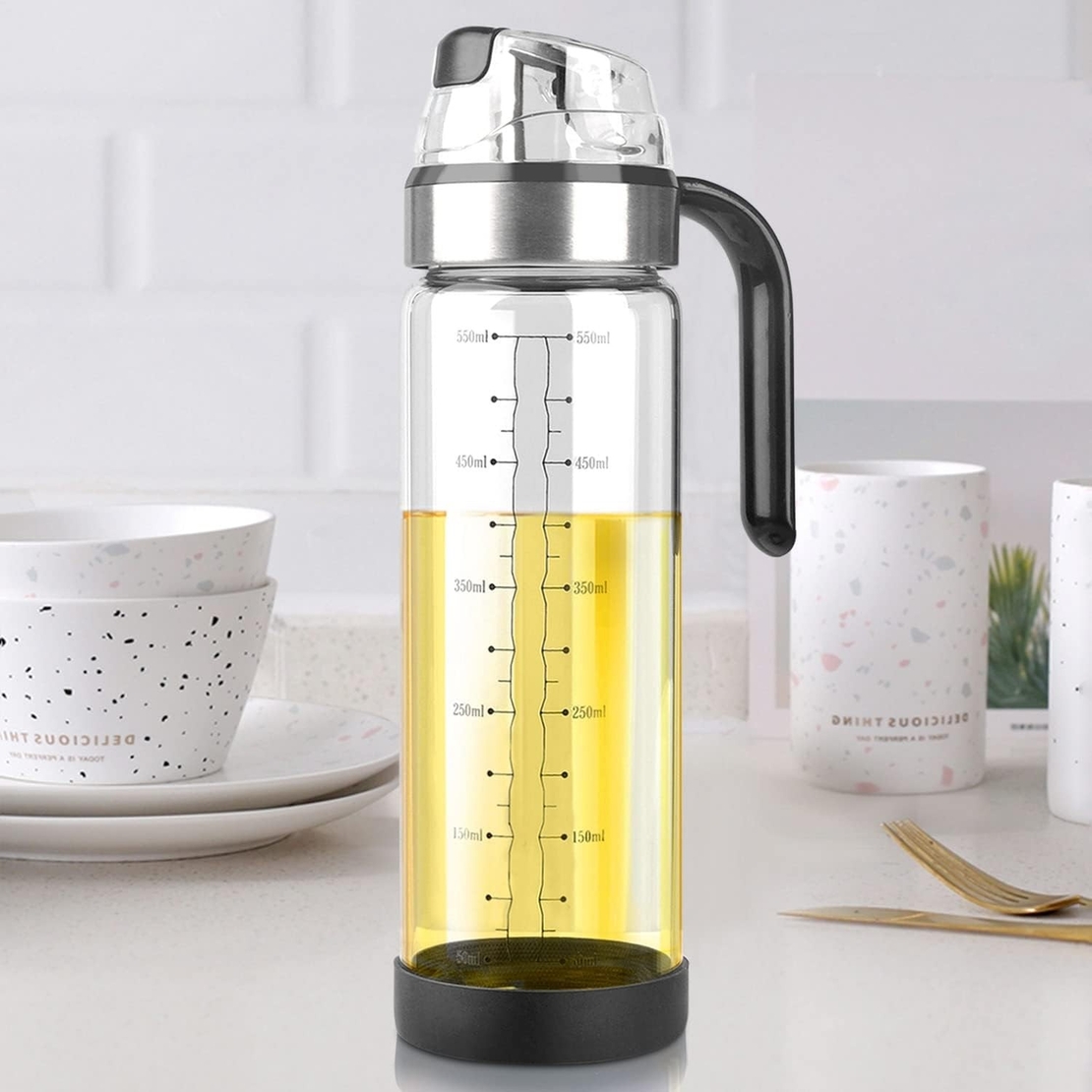 Sticla de ulei etansa cu deschidere inchidere, Flippy, Dispenser de ulei de bucatarie, Sos de soia, Otet, 500 ml, Transparent