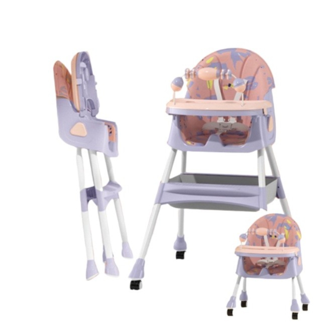 Scaun de Masa 2in1, Flippy, pentru Copii de la 6 luni - 5 Ani, Inaltime Reglabila, Centura in 5 Puncte, Tava de Masa, Roti cu Frana, Cos Depozitare, Jucarie Inclusa, 94 x 78 x 60 cm, Roz/Mov