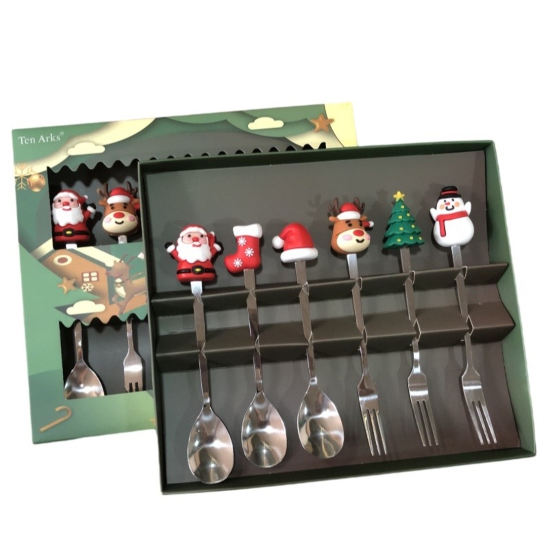 Set 6 Tacamuri, Flippy, Tema Craciun, 3 Linguri + 3 Furculite, cu Figurine, din Otel Inoxidabil, Cutie Cadou, 19 x 22 x 2.2 cm, Argintiu