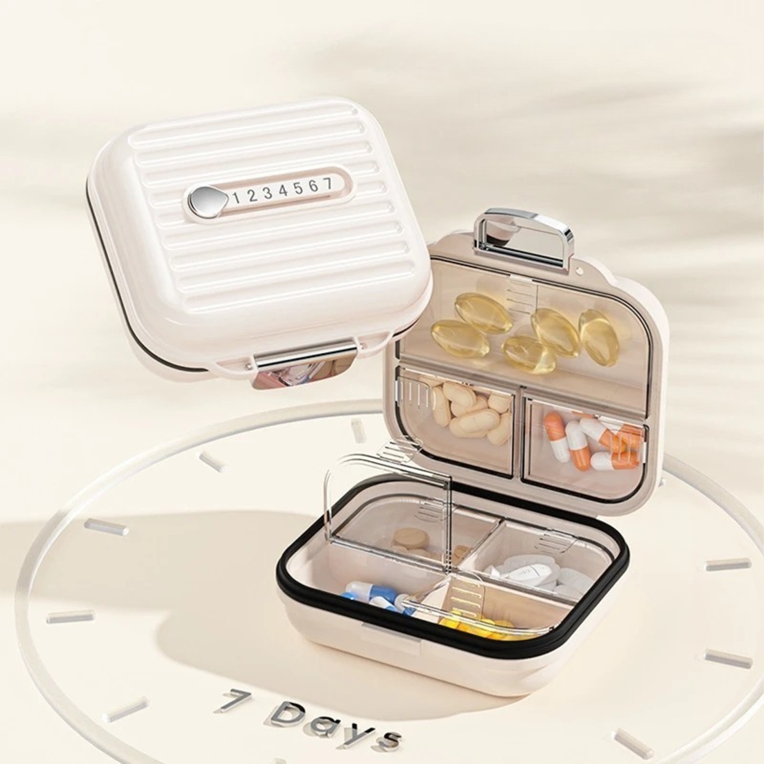 Cutie Medicamente, Flippy, Bej, 7 Compartimente, Portabila si Compacta, 7.8x7.2x3.5 cm, Ideala pentru Uzul Cotidian