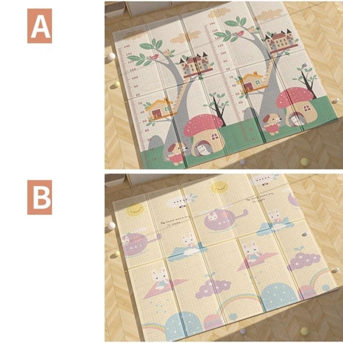 Covoras pentru Copii, Flippy, cu 2 Fete, Model Casute in Copaci/Iepurasi, din XPE+PE, Impermeabil, Antiderapant, Protectie Termica, +3 Luni, Pliabil, 150 x 200 x 1.5 cm, Multicolor