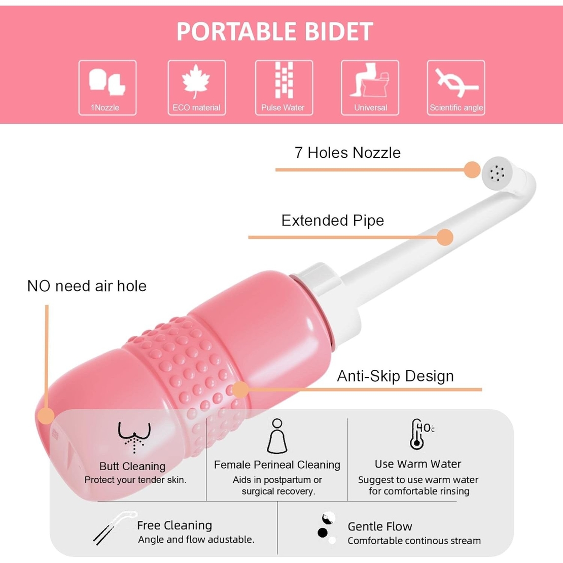Bideu Portabil pentru Igiena Intima, Flippy, pentru Postpartum/ Postoperator, 450 mL, cu Capac si Husa Galbena, 29.5x7 cm, Culoare Recipient Roz