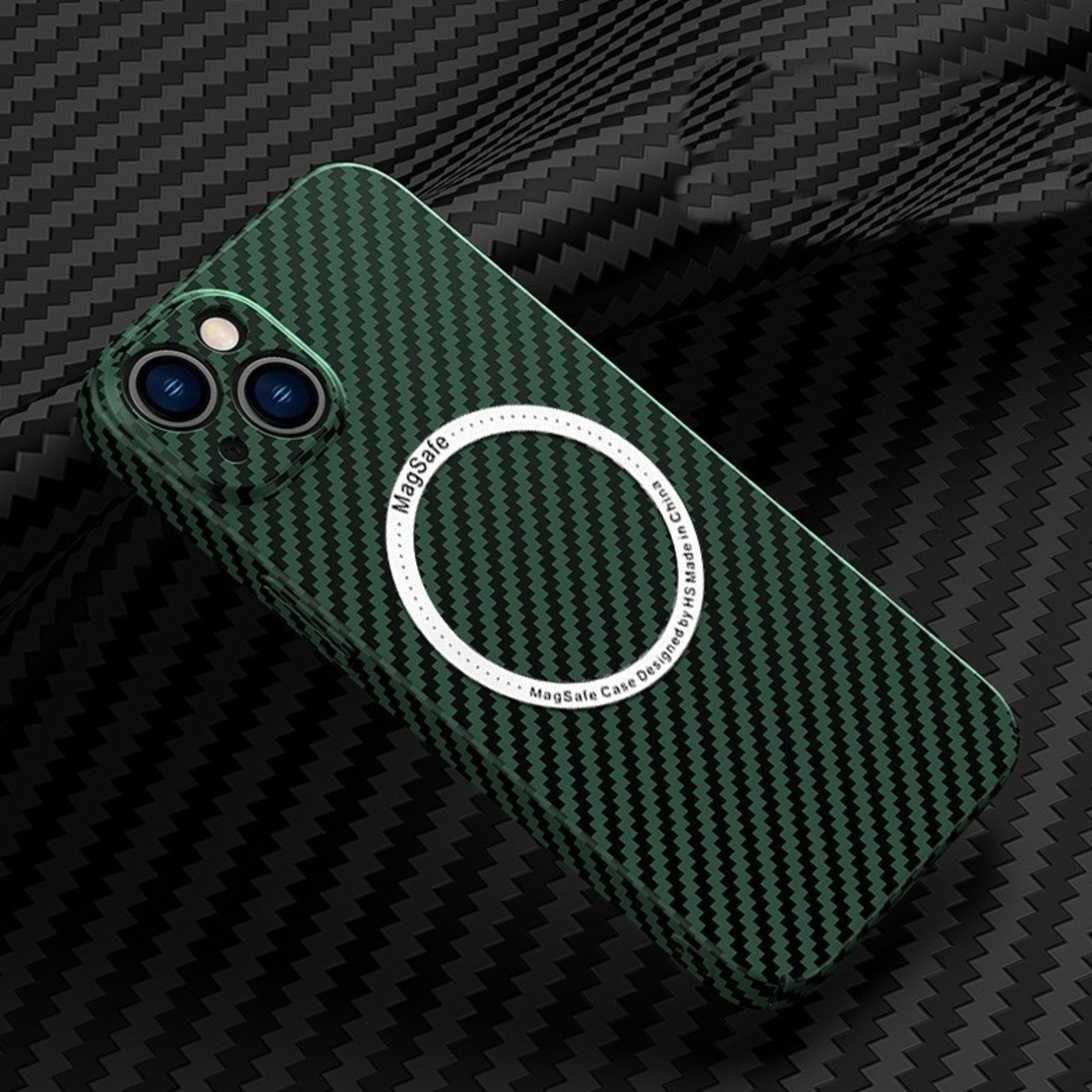 Husa de protectie pentru iPhone 14, Flippy, Magnetica, MagSafe, Carbon Fiber Protectie Antisoc, Verde
