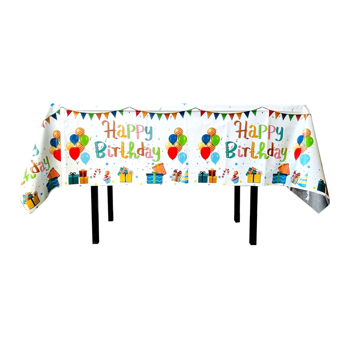 Fata de Masa, Flippy, din Folie, Imprimeu Happy Birthday cu Baloane, 137 x 274 cm, Alb