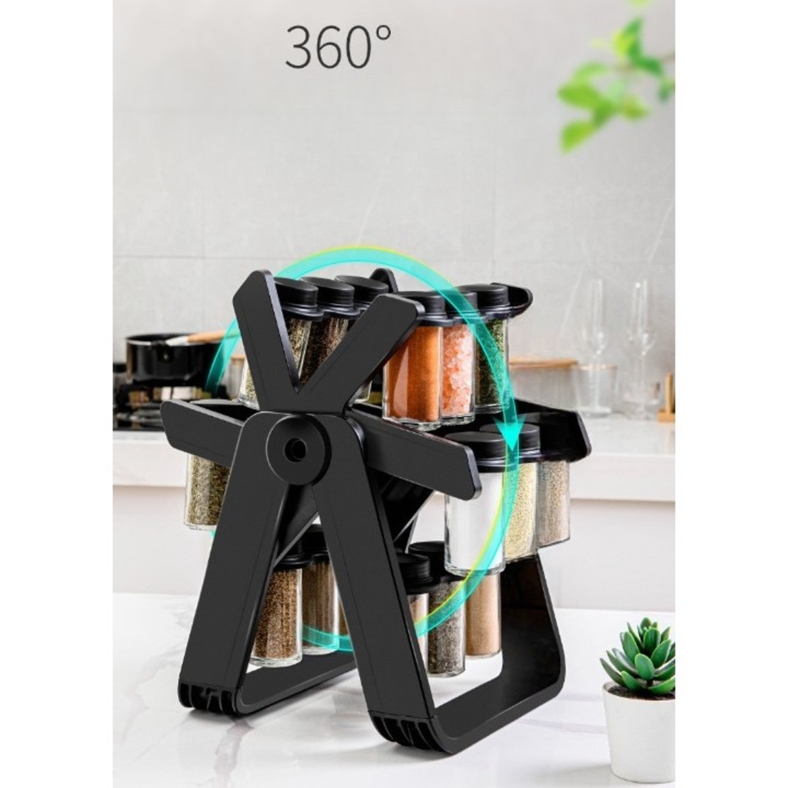 Suport Pentru Condimente Rotativ, Flippy, Multifunctional, Pivotant 360°, Portabil, Usor de Montat, 34x23 cm, ABS/Sticla, Negru