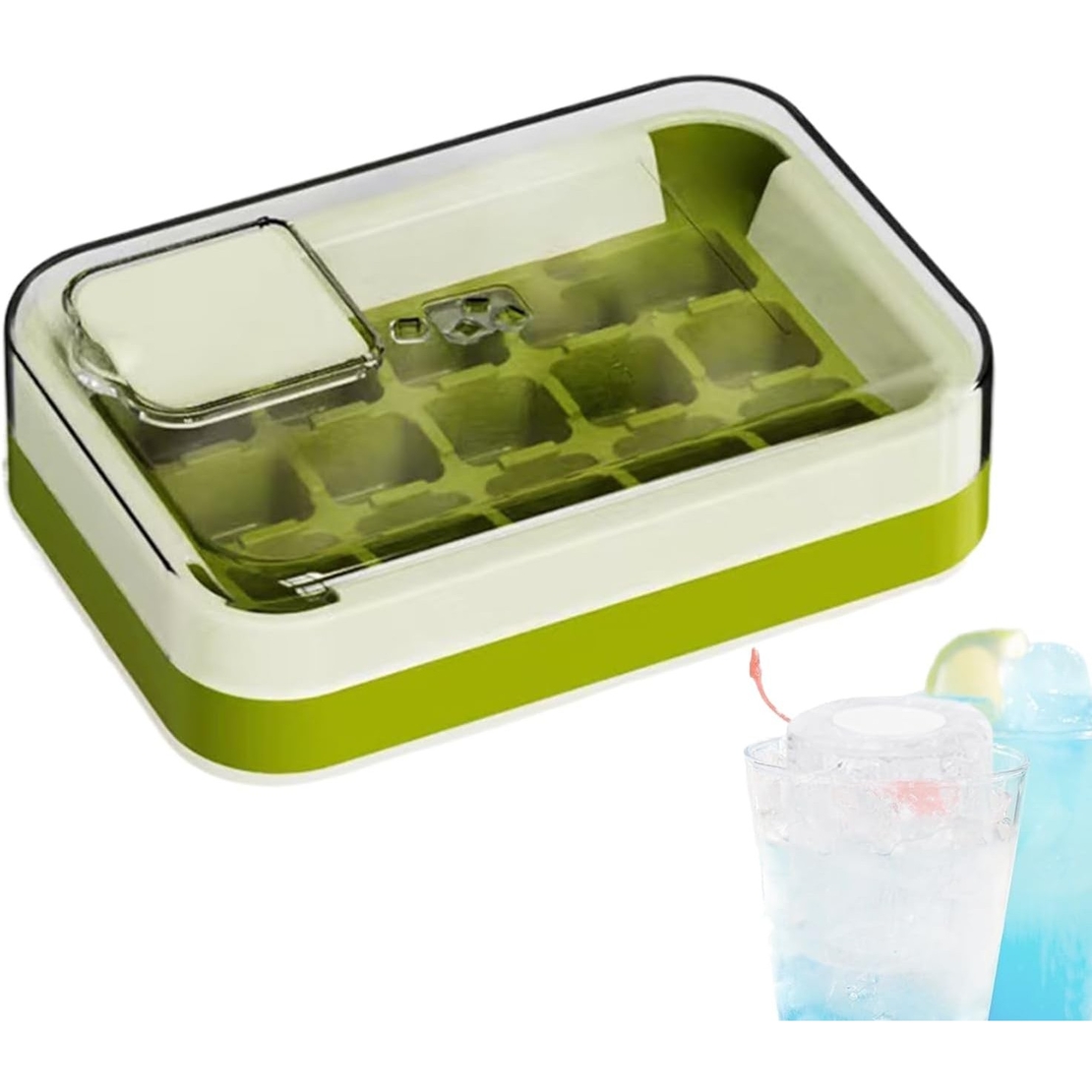 Cutie Gheata, 15 Cuburi, Cu Sistem de Presare Spate, Capac de Umplere și Evacuare, 1 L, 16.5 x 11.2 x 4.5 cm, Verde