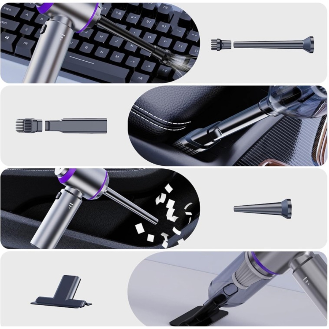 Aspirator Portabil Auto, Flippy, pentru Casa si Masina, 3 Viteze, Incarcator Tip-C cu Incarcare Rapida, Tub Prelungitor, 2000mAh, 7 Capete de Aspirare si Suflare, 21x20x6.5 cm, Argintiu Mov
