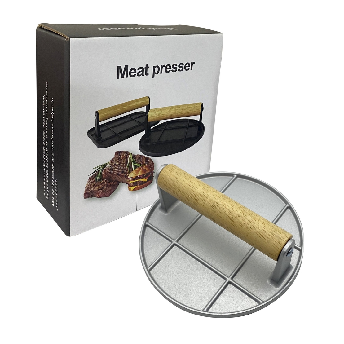 Presa Manuala pentru Carne, Flippy, din Aliaj de Aluminiu, Maner din Lemn, Presa pentru Burgeri, Usor de Curatat si Folosit, Rotunda, 16x16x6 cm, Gri