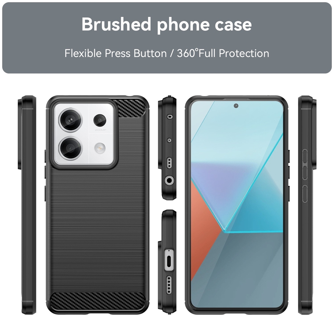 Husa de Protectie pentru Xiaomi Redmi Note 13 Pro Plus, Flippy, Protectie 360, din TPU cu element de Carbon, Anti Alunecare, 1.8 mm, Negru