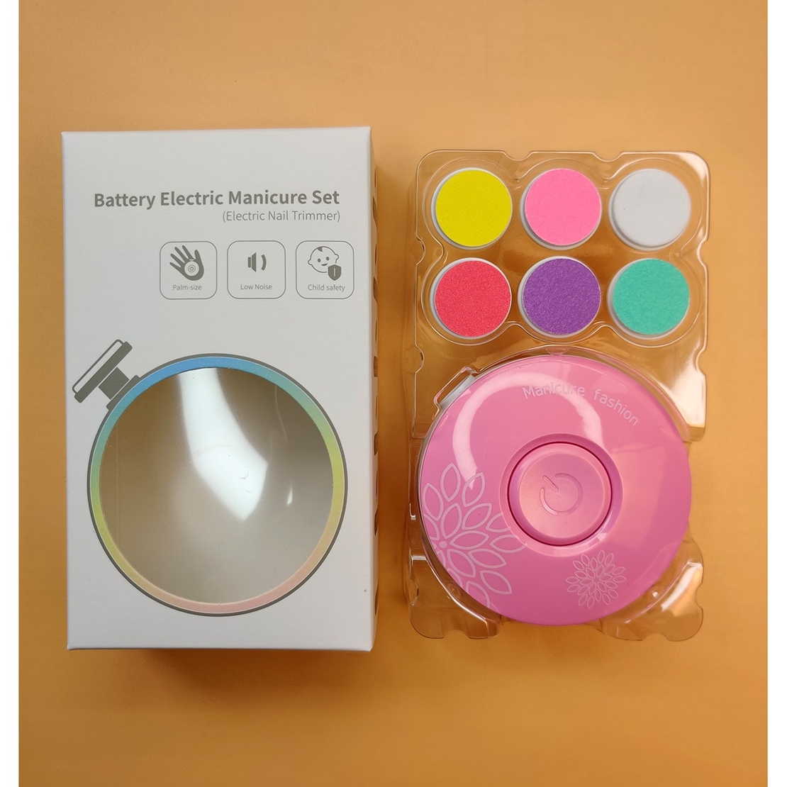 Set Pila Electrica cu Baterie, Flippy, pentru Copii si Bebelusi, din ABS, 6 Accesorii, Model cu Flori, 6.5 x 1.8 cm, Roz