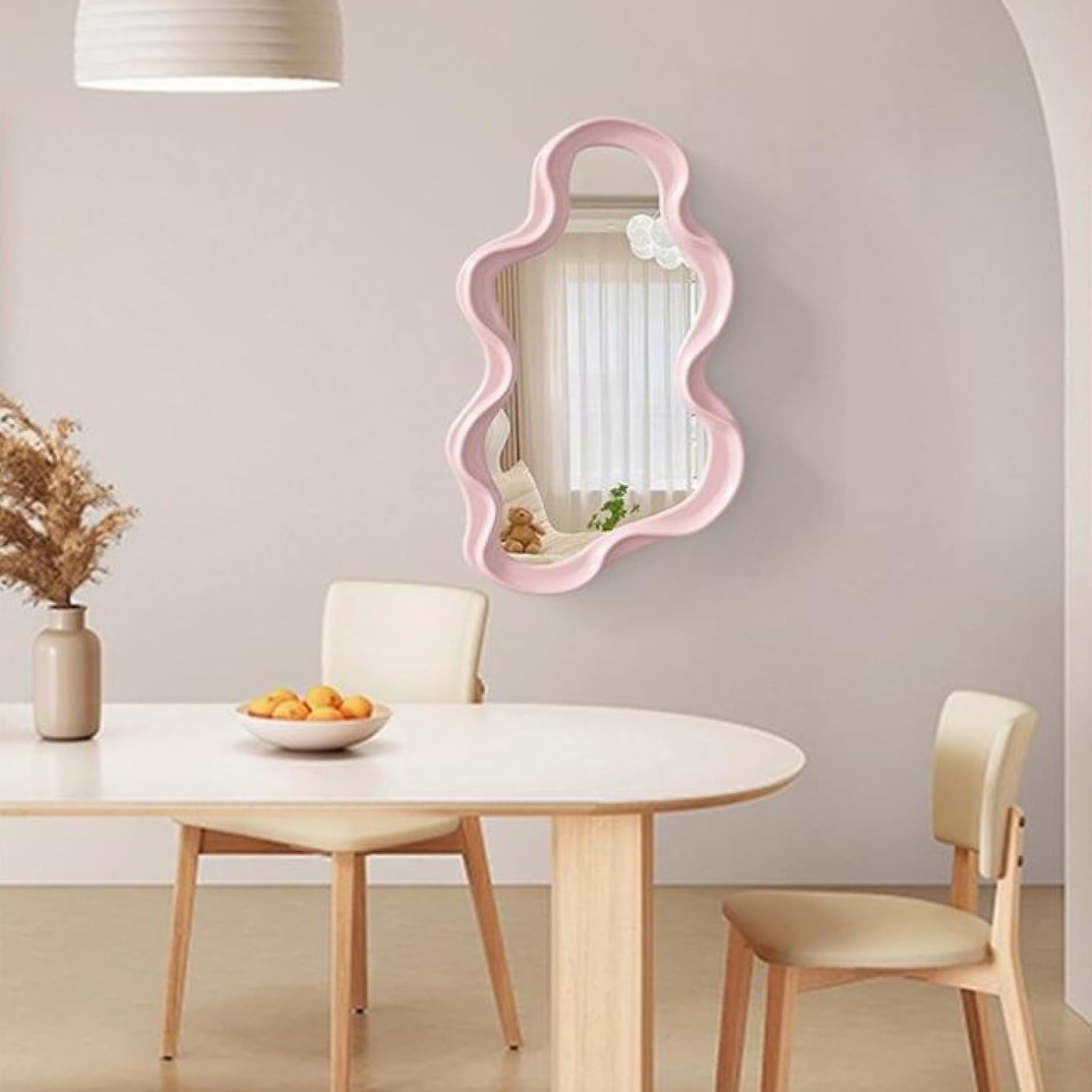 Oglinda de Perete, Flippy, Decorativa, pentru Baie, Dormitor, Sufragerie, Model Minimalist in Forma de Nor, 41x26 cm, Roz