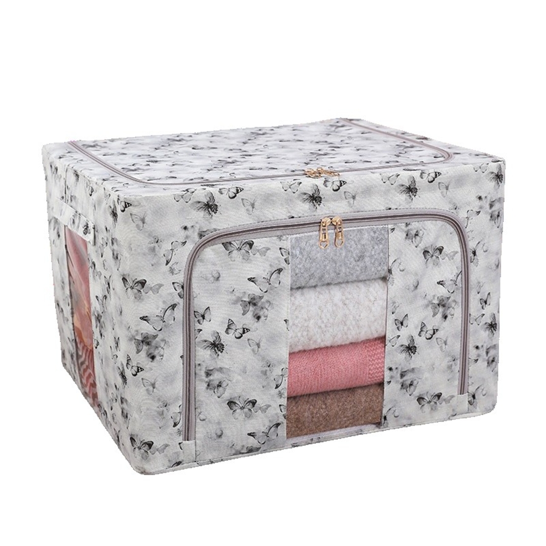 Cutie Depozitare, Flippy, 66L, din Material Textil, 50 x 40 x 33 cm, pentru Haine si Lenjerii, Model Fluturasi, Gri/Auriu