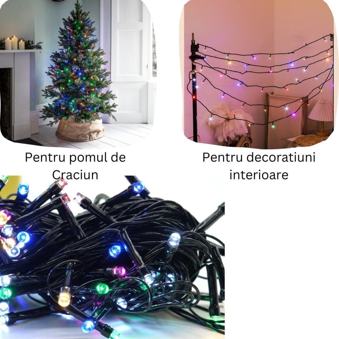 Instalatie de Craciun liniara Yoto, 10 m, din care 1 m cablu priza 220V, 100 LED, 8 jocuri de lumini, pentru interior, controler, fir negru, multicolor