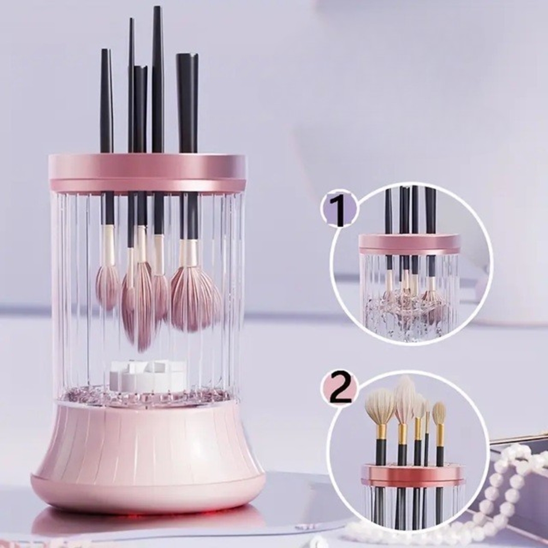 Dispozitiv Portabil de Curatare a Pensulelor de Machiaj, Flippy, pentru Pensule de Diferite Dimensiuni, 5V, 7000RPM, Vibratii Sonice, USB Type C, 9x9x16 cm, Roz