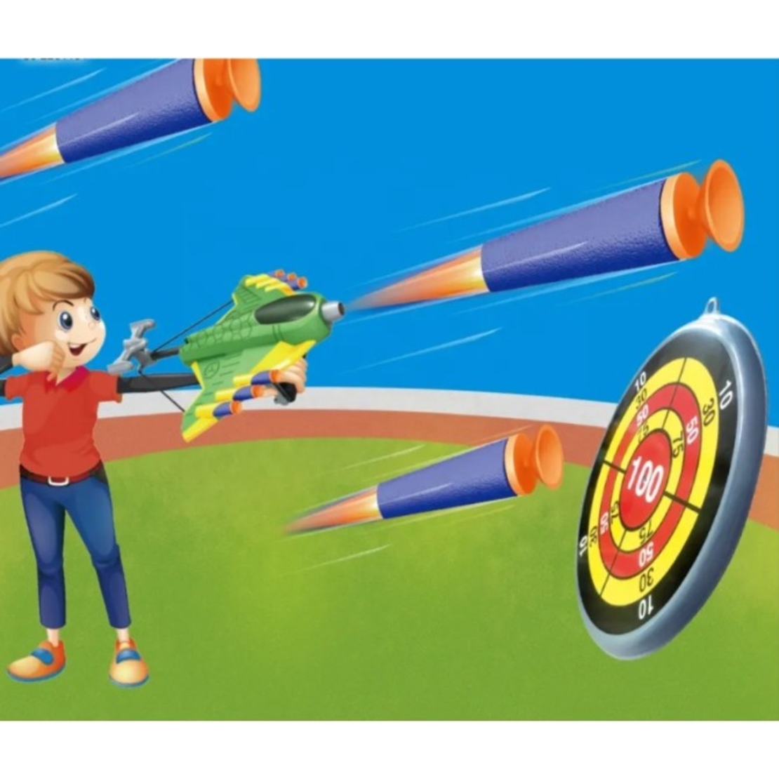 Jucaruie cu Lansator pentru Copii, Flippy, Lanseaza Manual, Tinta, 2 Avioane, 40 de Gloante din Material Moale, Joc Interactiv, 28.5x25x6.3 cm, Gri Verde