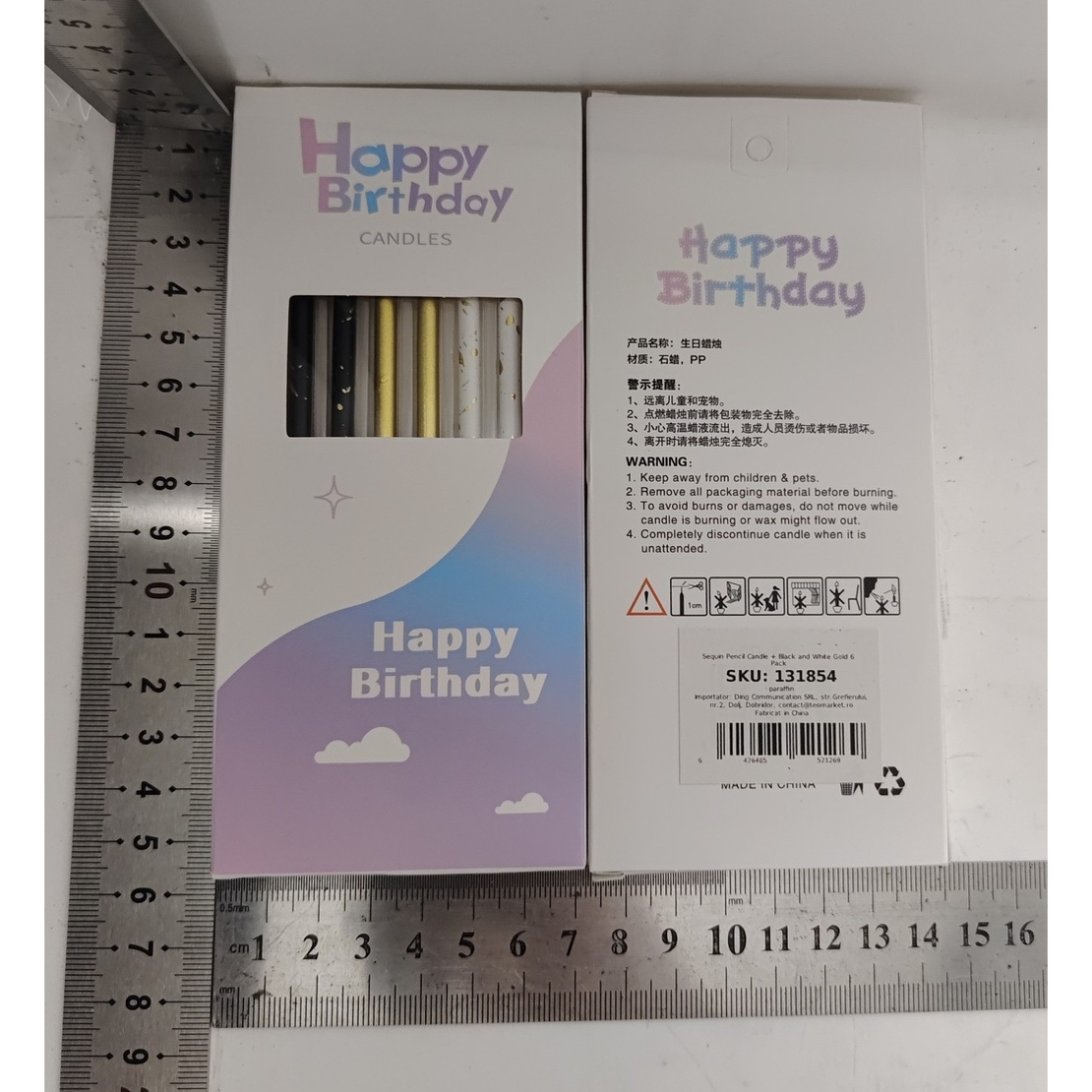 Set 6 Lumanari Lungi, Flippy, din Parafina, 10 x 0.5 cm, Happy Birthday, Alb/Negru/Auriu