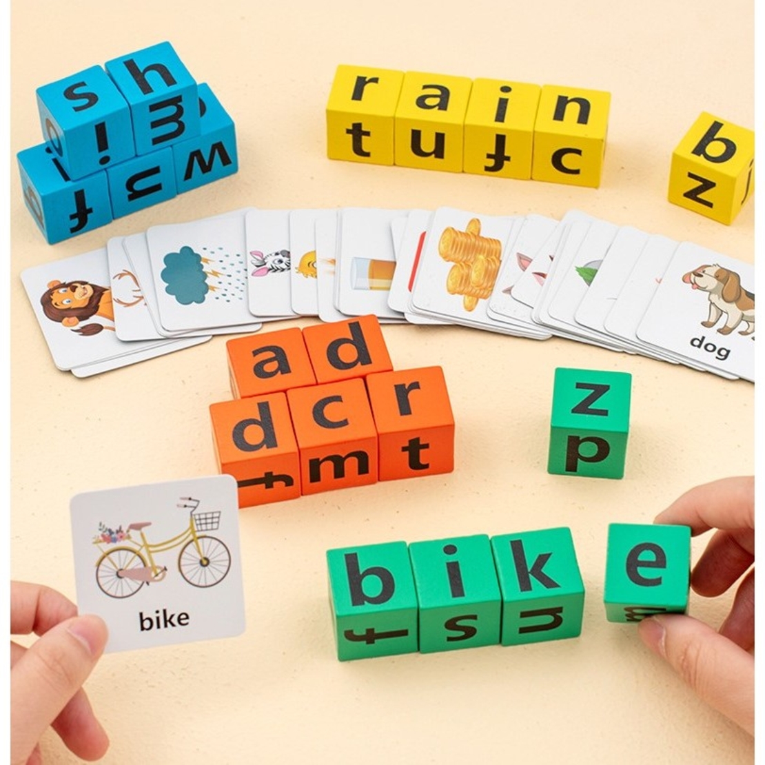 Joc cu Blocuri din Lemn, Flippy, Formare Cuvinte, Cartonase cu Obiecte si Animale, Clopotel, Joc pentru 4 Persoane, 3 Ani+, 28x15.5x5 cm, Multicolor