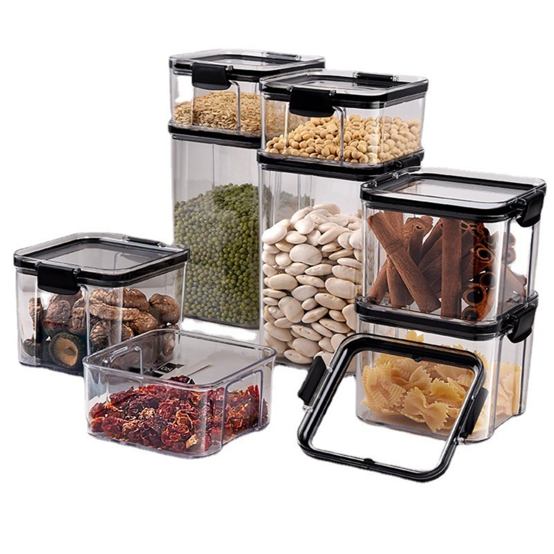 Set 4 Recipiente din Plastic, Flippy, pentru Alimente/Obiecte, Inchidere Ermetica, 1 x 460 ml, 2 x 700 ml, 1 x 1300 ml, Transparent