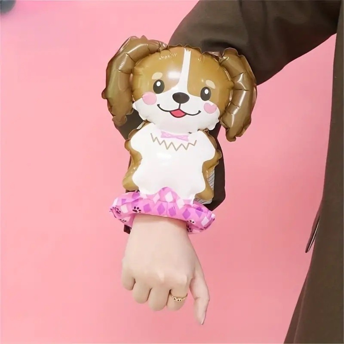 Balon din Folie Metalizata, Flippy, Figurine Animalute, Tip Bratara, Model Catel, 13 x 35 cm, Ambalaj Individual, Pai Inclus, Umflare cu Aer sau Heliu, Maro