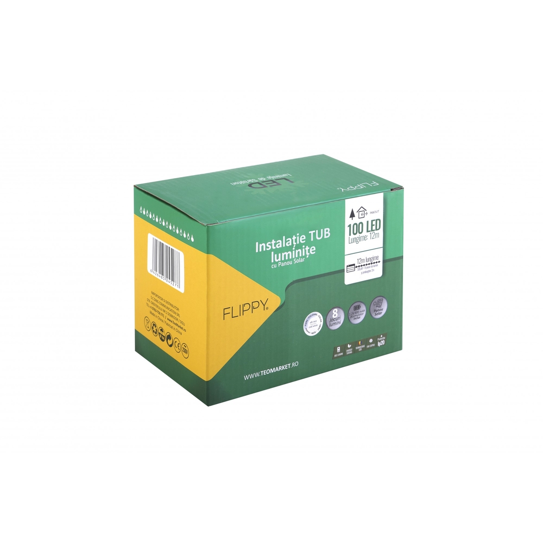 Instalatie luminoasa de Craciun cu LED, 100 LED-uri tip Tub, 12 metri lungime, 8 programe, 2 metri prelungitor, incarcare solara, alb cald, Flippy