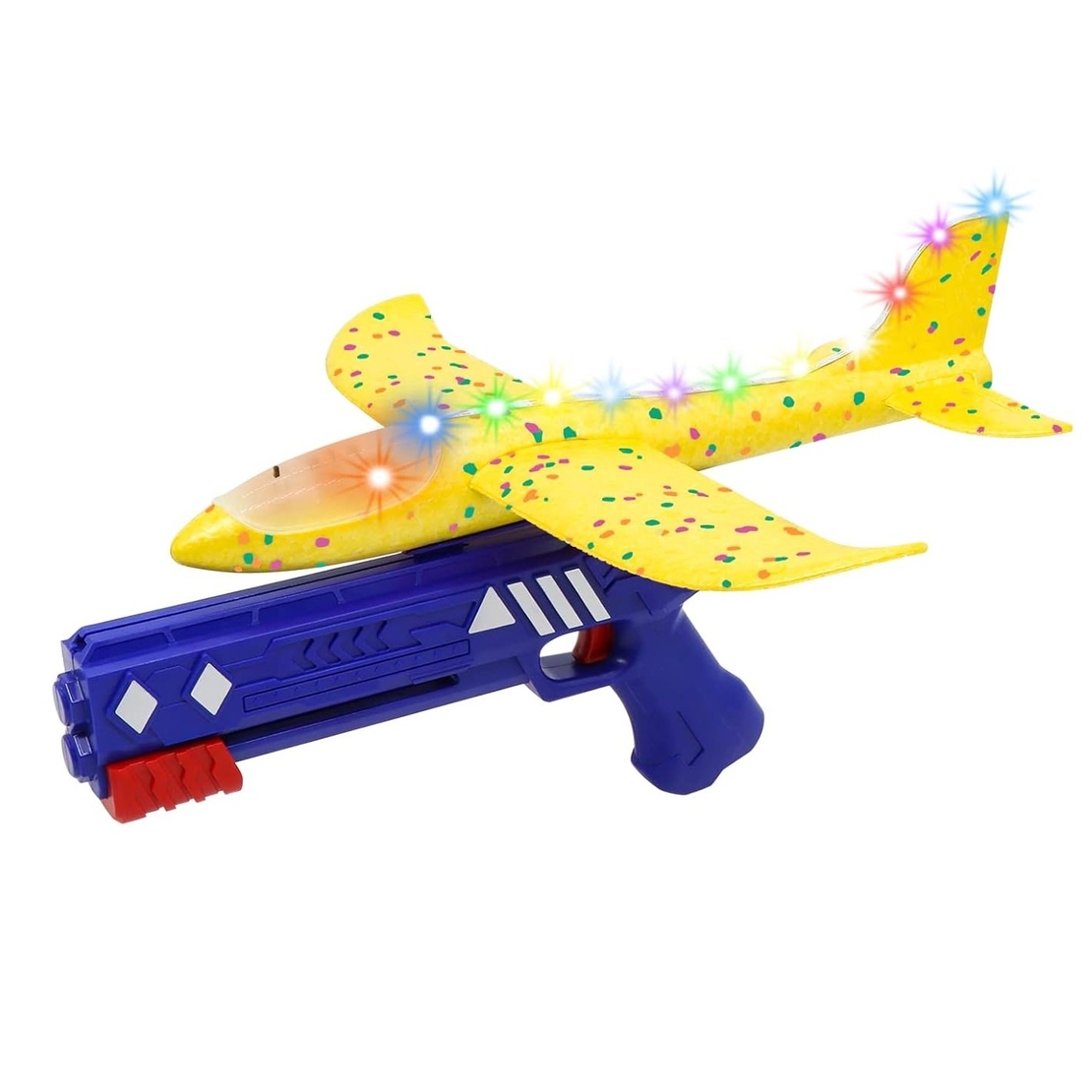 Pistol cu Lansator de Avion, Flippy, din Polistiren+Plastic, +3 Ani, Avion 38 cm, Lansare 10 m, cu Lumini si Roti, Galben/Albastru