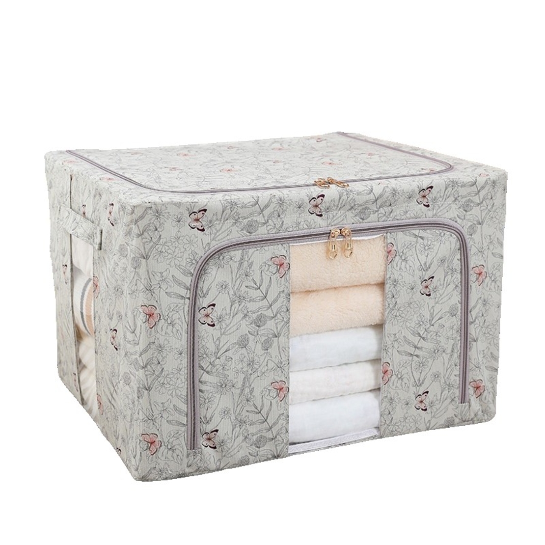 Cutie Depozitare, Flippy, 66L, din Material Textil, 50 x 40 x 33 cm, pentru Haine si Lenjerii, Model Fluturasi, Gri