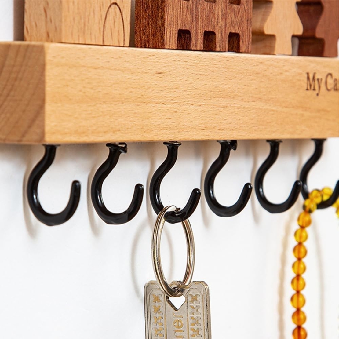 Suport pentru Chei, Flippy, din Lemn, Aplicare fara Perforare, Adeziv Inclus, 6 Carlige Negre, Model Casuta, Greutate Suportata 5 kg, 14.5 x 2 x 22.5 cm, Maro