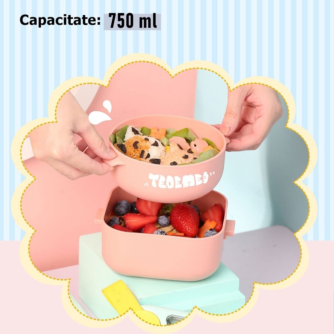 Caserola pentru copii Flippy, lunch box, 750 ml, doua boluri, lingura, foarfeca din plastic, rezistenta la scurgeri, Roz