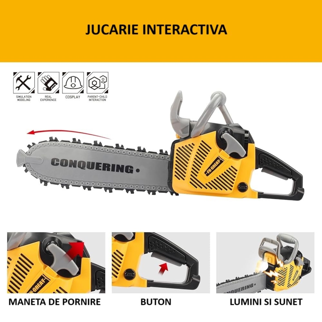 Jucarie Fierastrau Electric pentru Copii, Flippy, cu Sunete și Lumini, Joc de Rol Interactiv, +3 Ani, 43 x 10 x 18.5 cm, Portocaliu
