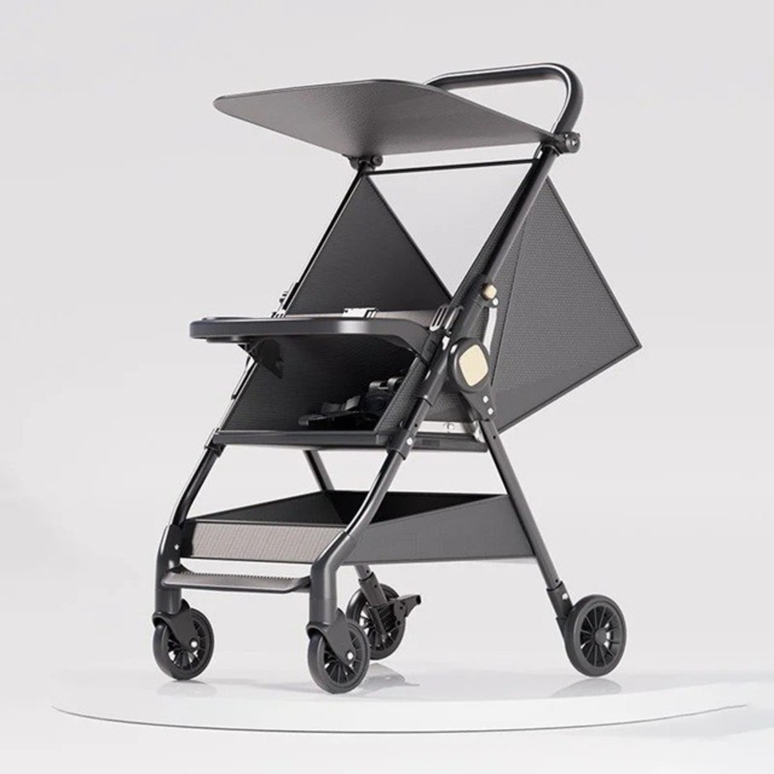Carut Pliabil, Flippy, Usor, Compatibil cu Avionul, de Plimbat/Dormit, Parasolar, Cutie Depozitare, Tabla de Masa, 93 x 70 x 40 cm, Negru
