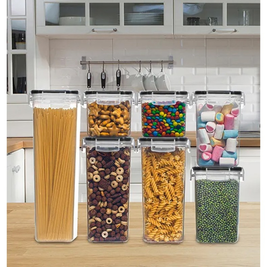 Cutii de depozitare alimente, Flippy, Set din 7 Cutii pentru Condimente, Cereale, Cutii pentru Bucatarie, din Plastic PP, Cutii Alimentare, Diferite Dimensiuni, Transparente
