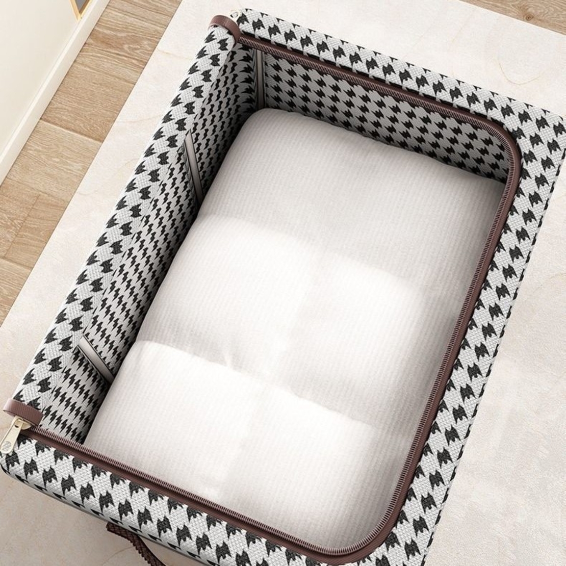 Cutie de Depozitare Pliabila, Flippy, Cu fermoar Bidirectional, 24 L, Textil, 40x30x20 cm, Cadru Metalic, o Fereastra, Suport Baza Stabil din Plastic, Design Zebra, Alb Negru