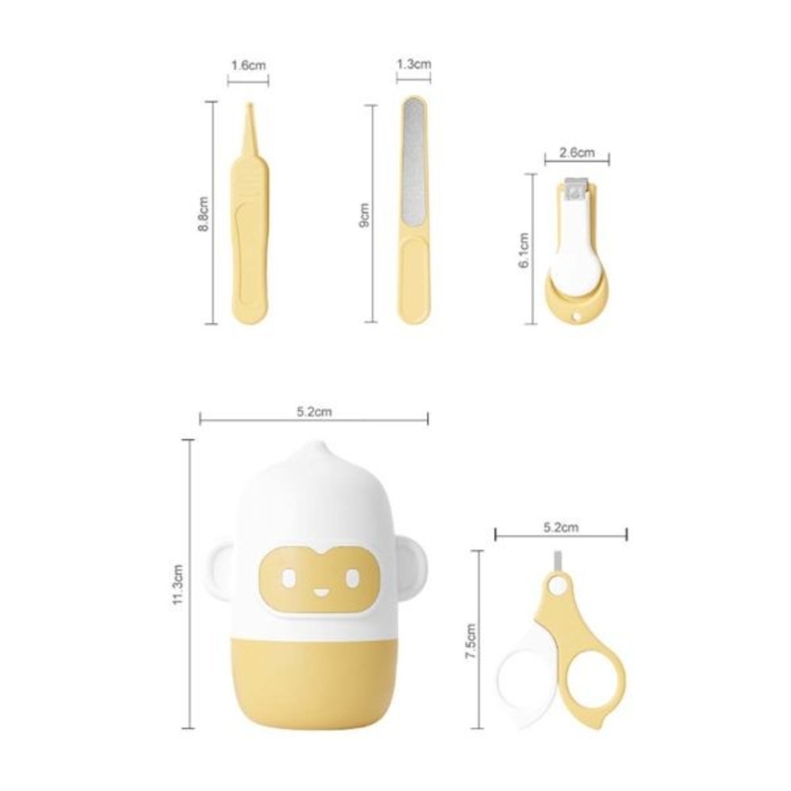 Set 4 Piese Ingrijire Unghii Bebelusi, Flippy, din ABS+Otel Inoxidabil, Cutie de Depozitare Tip Maimuta, de la 0 Luni, Galben
