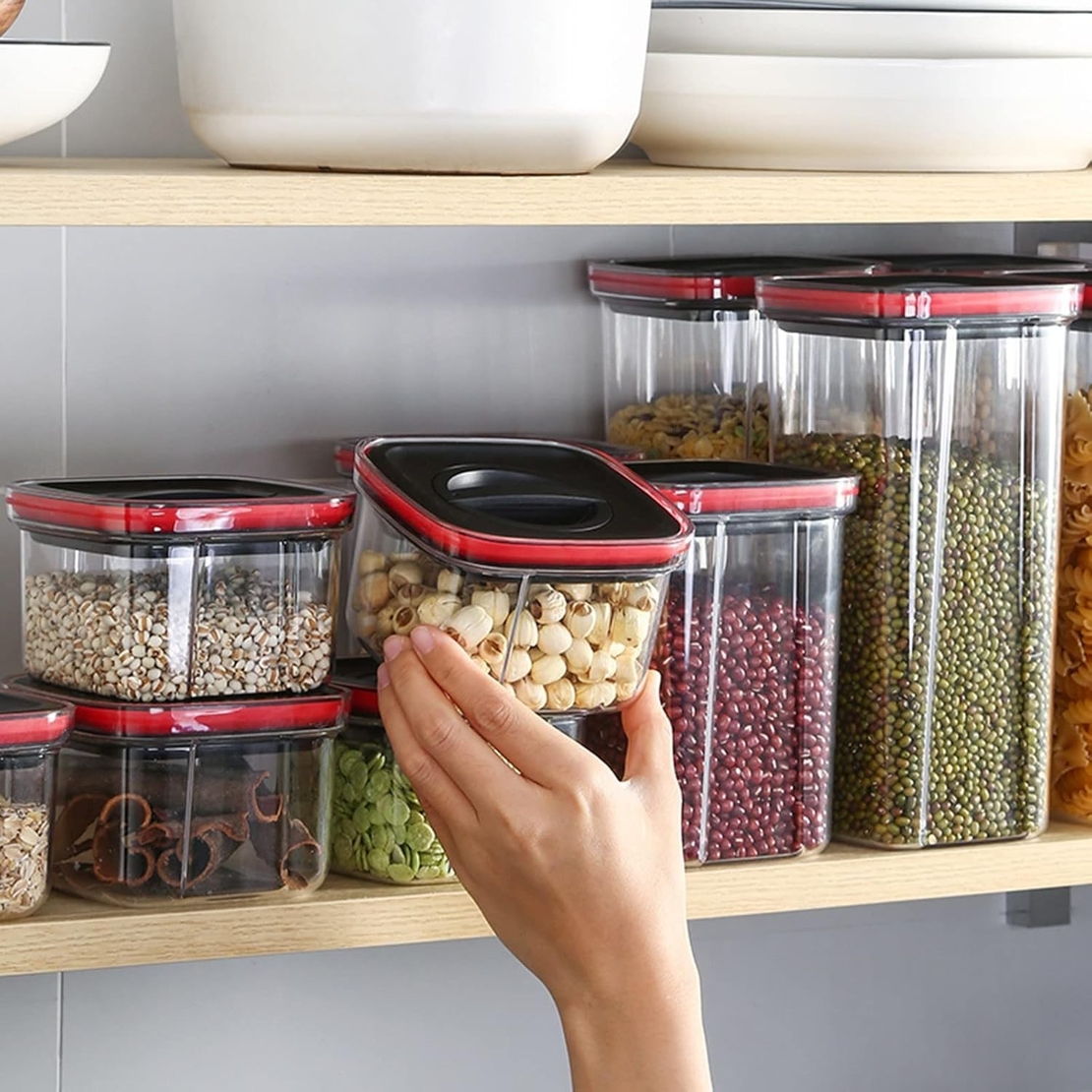 Cutii de Depozitare Alimente, Flippy, Set din 5 Cuti de tip Container, Recipiente pentru Cereale in Bucatarie,  Transparente cu Capac Negru
