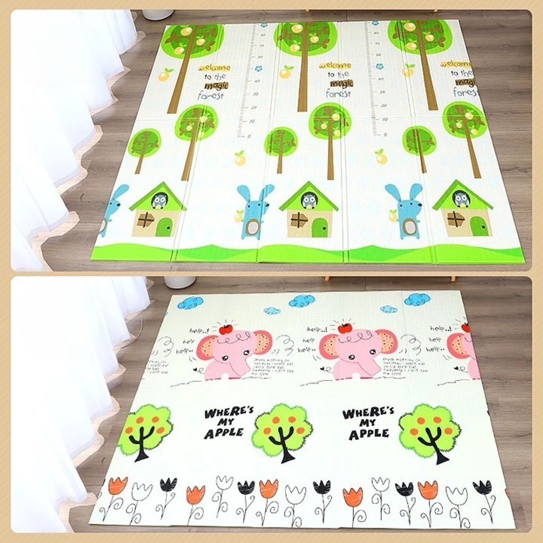 Covoras pentru Copii, Flippy, cu 2 Fete, Model Elefantei/Padure, din XPE+PE, Impermeabil, Antiderapant, Protectie Termica, +3 Luni, Pliabil, 150 x 200 x 1.5 cm, Multicolor