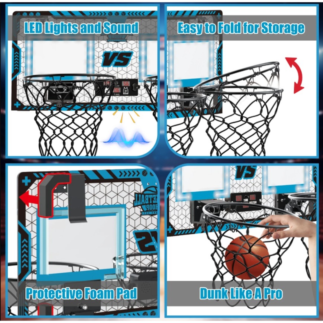 Set 2 Cosuri de Baschet pentru Copii, Flippy, cu Tablou de Bord Electronic, Pentru 2 Jucatori, Minge, Pompa, 2 Moduri, Interior/Exterior, Inel Metalic si Rabatabil cu Arc, Luminos, 60x31x6 cm, Multicolor
