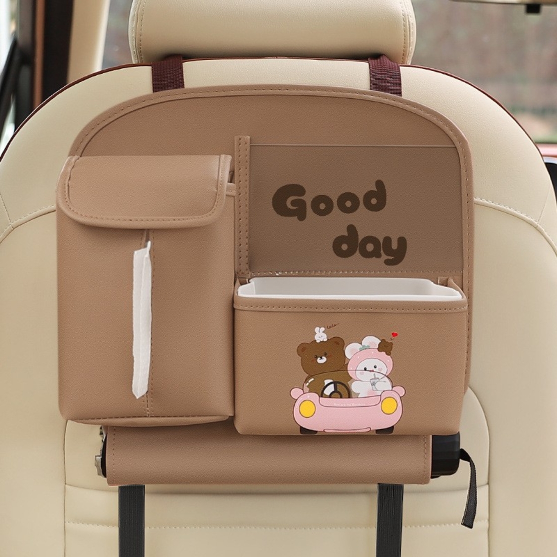 Geanta Multifunctionala de Depozitare, Flippy, pentru Bancheta din Spate a Masinii, Animat, Model Ursuleti, Scris Good Day, Suport Servetele si Telefon, 25x31 cm, Maro