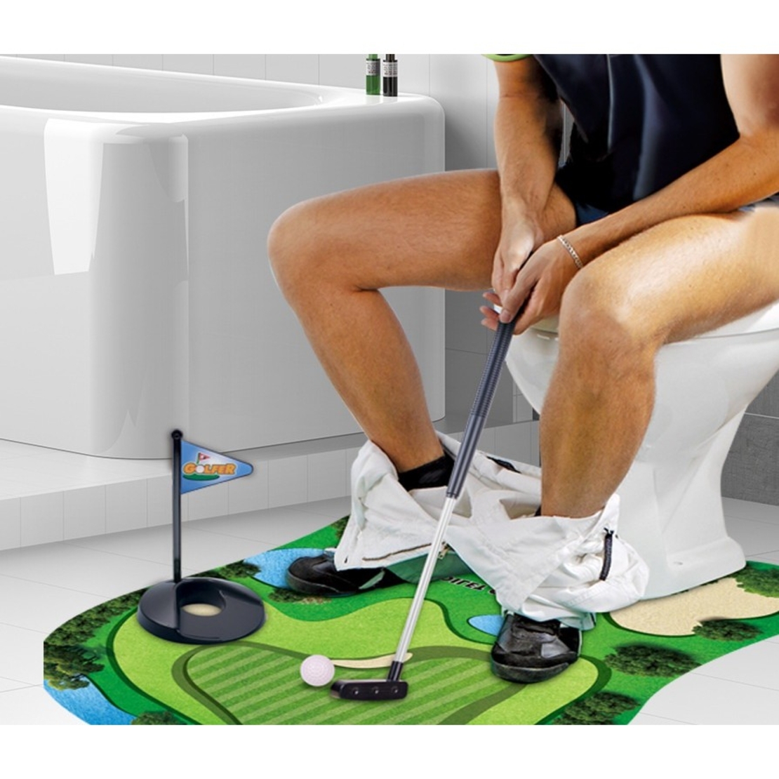 Covoras de Baie, Flippy, Model Teren de Golf, Interactiv, +14 Ani, din PVC, 80 x 69 cm, Verde