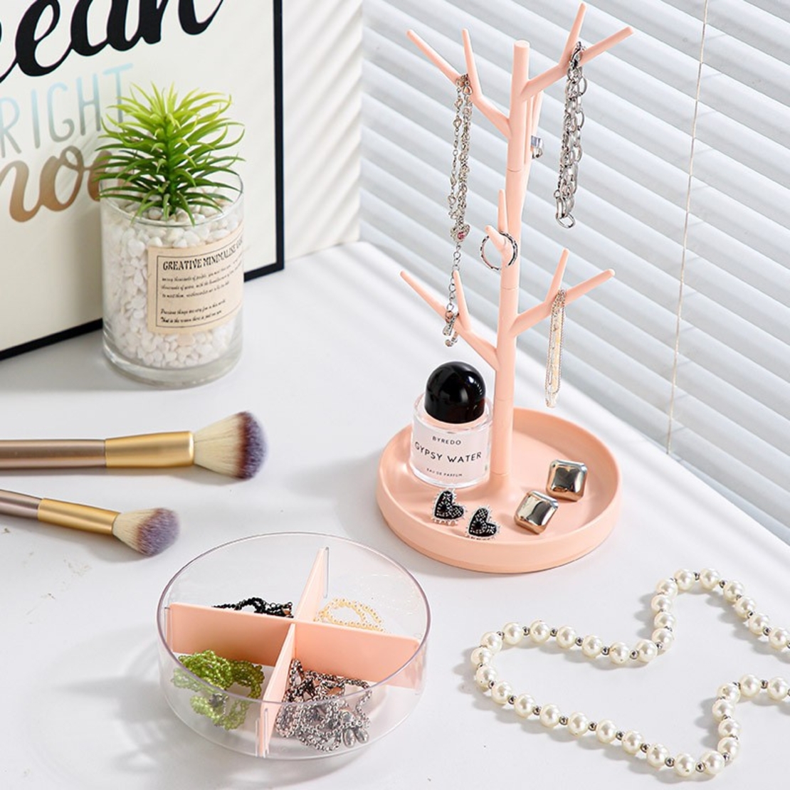 Cutie de Bijuterii, Flippy, Rotativa, cu Suport Tip Ramura, 36.5 x 14 cm, din ABS+PP, Roz