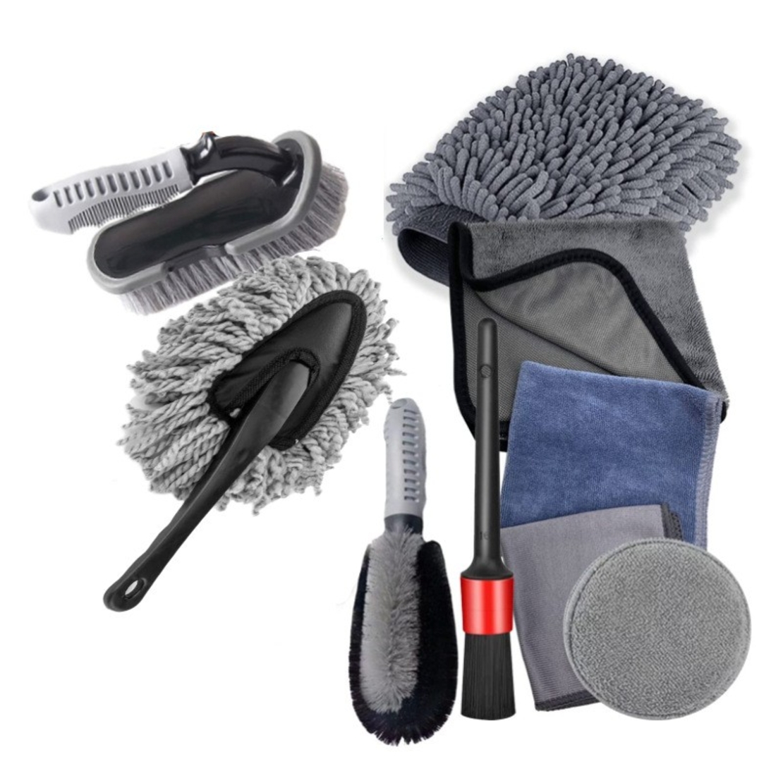 Set 9 Piese pentru Spalat Auto, Flippy, din Plastic si Microfibra, Perii si Lavete, Model A, Gri