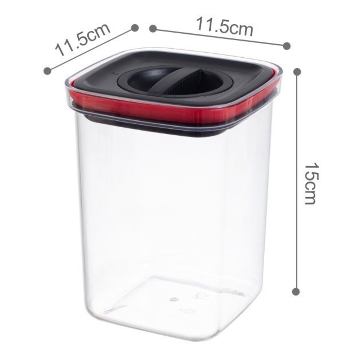 Cutie de Depozitare Alimente, Flippy, Cutie de tip Container, Recipient pentru Cereale in Bucatarie, 11.5 x 11.5 x 15 cm, volum 1200 ml, Transparenta cu Capac Negru