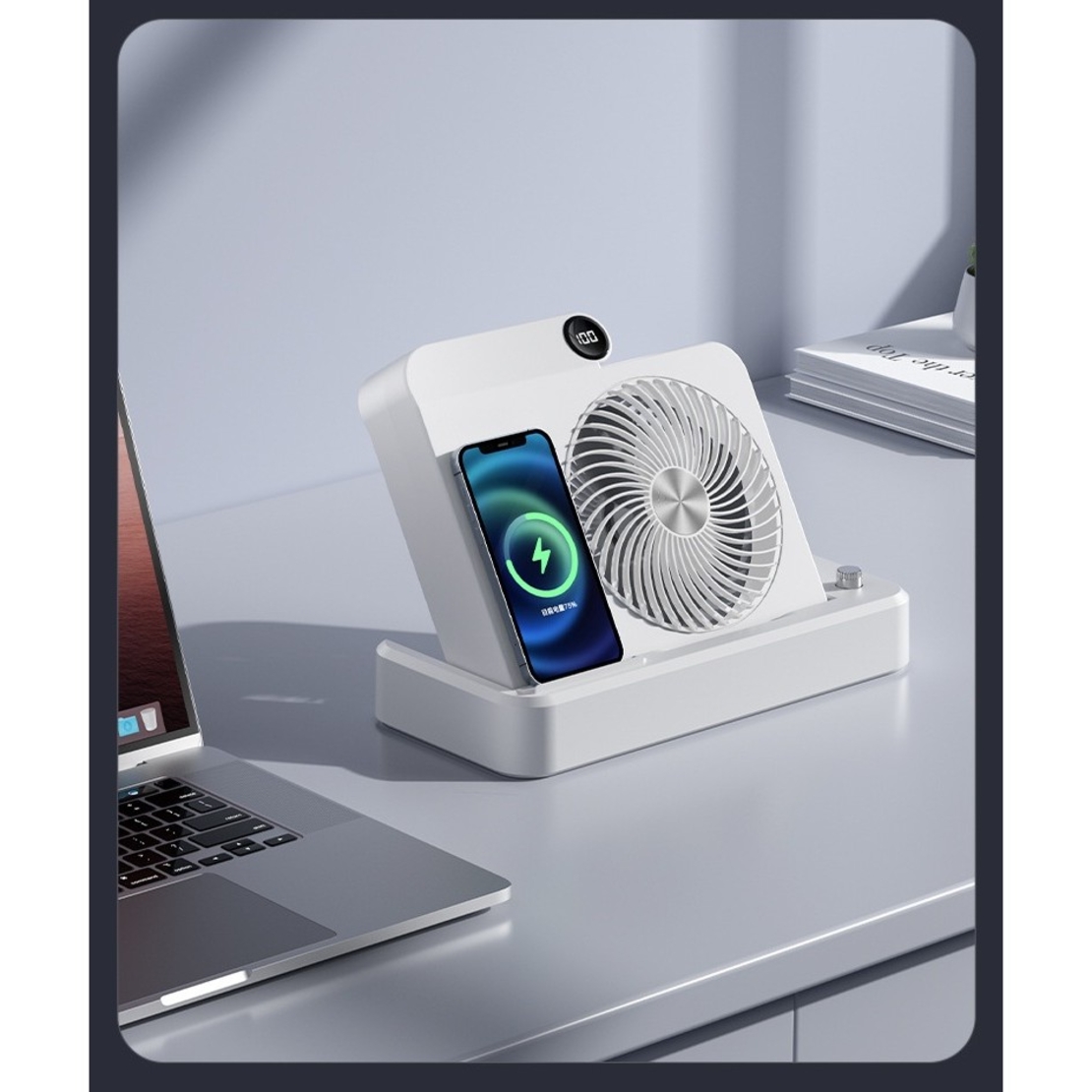 Ventilator 2in1, Flippy, Functie Incarcare Telefon Wireless, 100 Trepte de Viteza, 2400 mAh, 5V, 2A, 25 x 16.5 x 24 cm, Alb