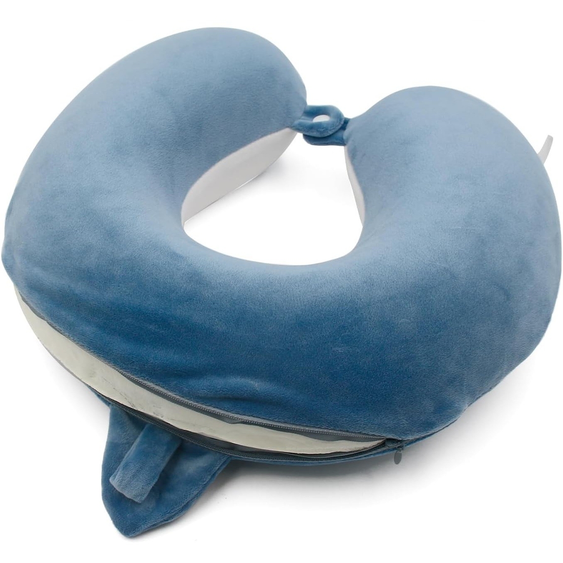 Perna de Calatorie in Forma de U, Flippy, Pentru Gat si Cap, Umplutura din Spuma cu Memorie, 30x30 cm, Model Rechin, Accesoriu de Voiaj, Birou, Masina, Sistem Prindere Capse, Albastru