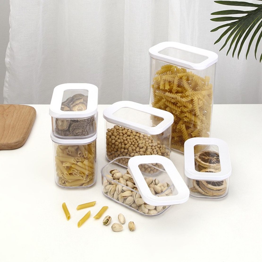 Set 5 Cutii de Depozitare Alimente, Flippy, Capac Alb, din ABS+Silicon, 23 x 15 x 27 cm, Transparent