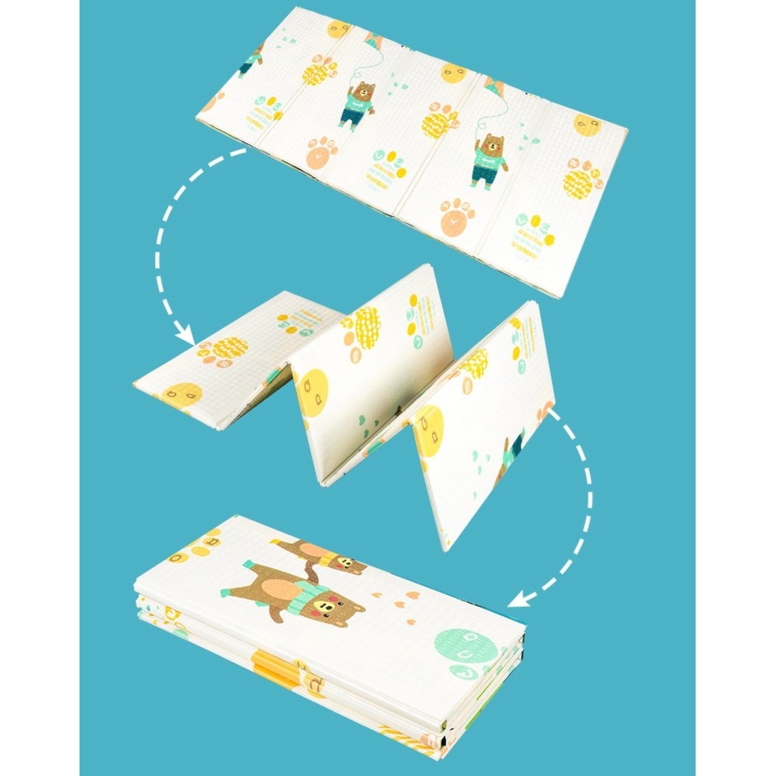 Covoras pentru Copii, Flippy, cu 2 Fete, Model Zmeu/Ursi, din XPE+PE, Impermeabil, Antiderapant, Protectie Termica, +3 Luni, Pliabil, 150 x 200 x 1.5 cm, Multicolor