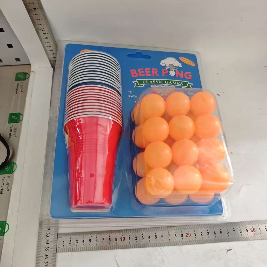 Joc de Baut BEER PONG, Flippy, Set din 24 Mingi de Tenis si 24 Pahare Reutilizabile, Joc Interactiv pentu Adulti, Albastru Portocaliu