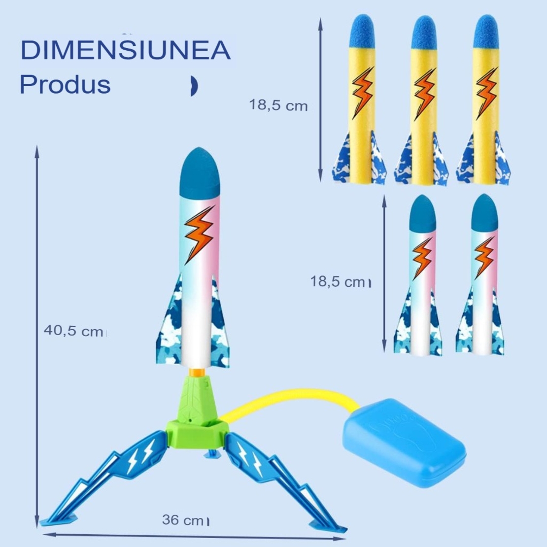 Jucarie pentru Copii, Flippy, Lansator de Rachete cu Piciorul, un Singur Lansator, 6 Rachete Fara Lumini, 40.5 cm Inaltime, Multicolor